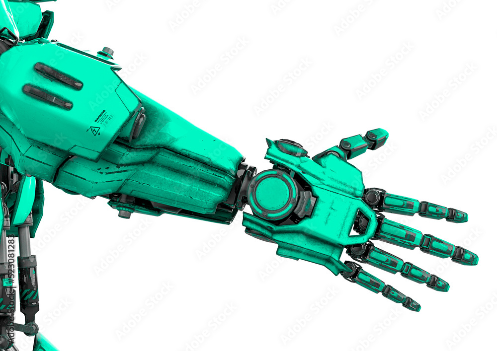 close up on the hand of the mega robot in white background close up on the hand of the mega robot in white background