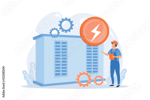 Power station, electrical energy generation, electricity production vector illustration