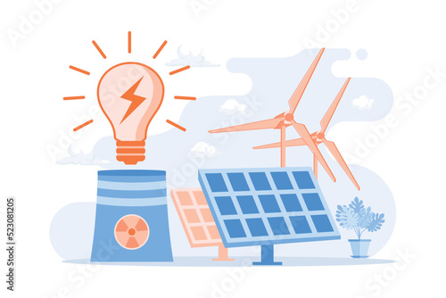 Eco friendly electricity. Wind farm, solar batteries, nuclear power plant. Sustainable energy resources vector illustration