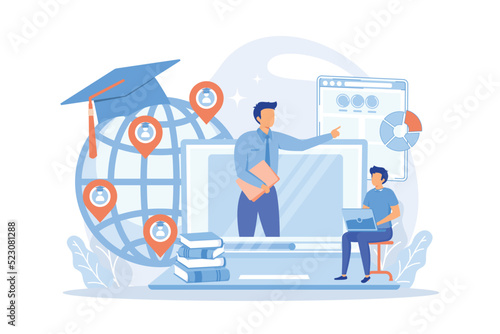 Distance university students flat characters watching tutorial video. Global online education, e-learning tools vector illustration