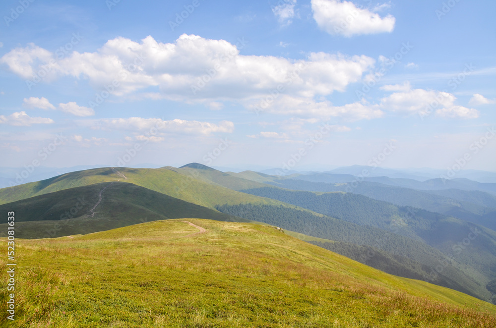 Picturesque scenery view with grassy meadow on the mountains slopes in summertime. Carpathian Mountains, Ukraine