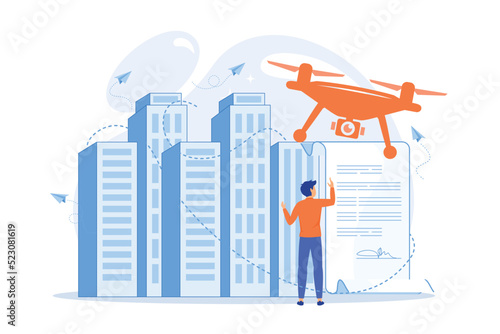 Businessman with drone reading document with regulations. Drone flying regulations, drone use limitations vector illustration