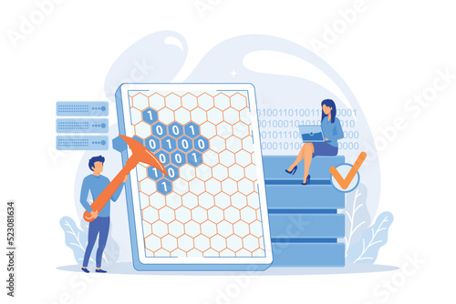 Tiny people, scientists at tablet with pickaxe mining. Data mining, data warehouse sourcing vector illustration