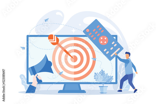 Businessman with remote control watching targeted TV ads. Addressable TV advertising, new advertising technology vector illustration
