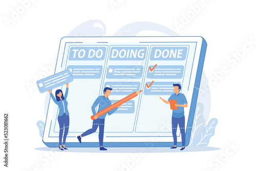 Tiny business people and manager at tasks and goals accomplishment chart. Task management, project managers tool vector illustration