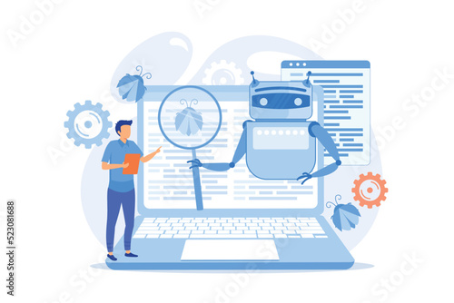 Controller reading regulations to robot. Artificial intelligence regulations, limitations in AI development vector illustration