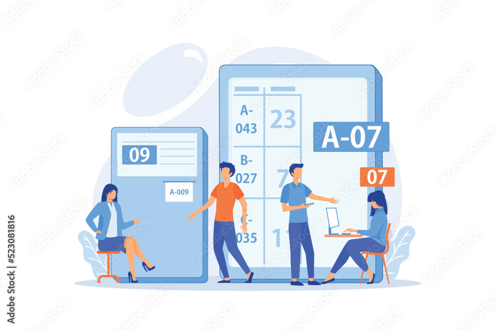 Waiting room with ticket system. Customer management method. Electronic queuing system, electronic queue management vector illustration