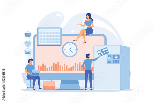 Work performance on schedule. Staff discipline. Time and attendance tracking system, office time tracking vector illustration