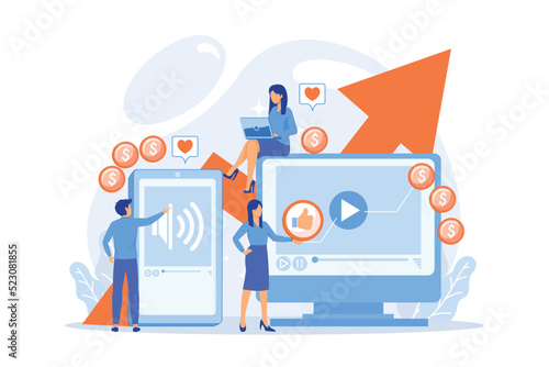 SMM, social media network influencer marketing. High ROI content, top media content production vector illustration