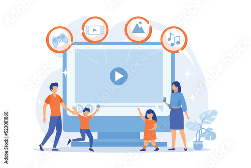 Tiny people family with kids watching smart television content. Smart TV content, smart TV interactive show vector illustration