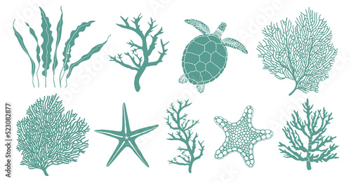 Оcean fauna. Vector set of nine elements of the underwater world: silhouettes of a turtle, kelp, coral, starfish isolated on a white background.