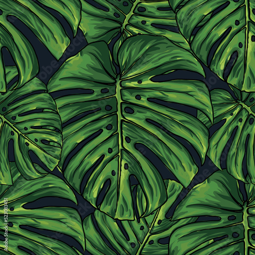 Seamless pattern monstera green leaf abstract background.
