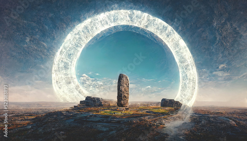 Giant floating circular ancient stone sacred structure. Abstract fantasy landscape. Passage to another world, abstract door. Unreal world. 3D illustration.