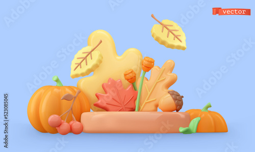 Autumn decoration. Leaves, pumpkin, acorn, rowan. 3d render vector objects