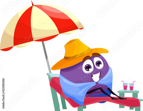 Cartoon character plum rest on beach, summer fruit