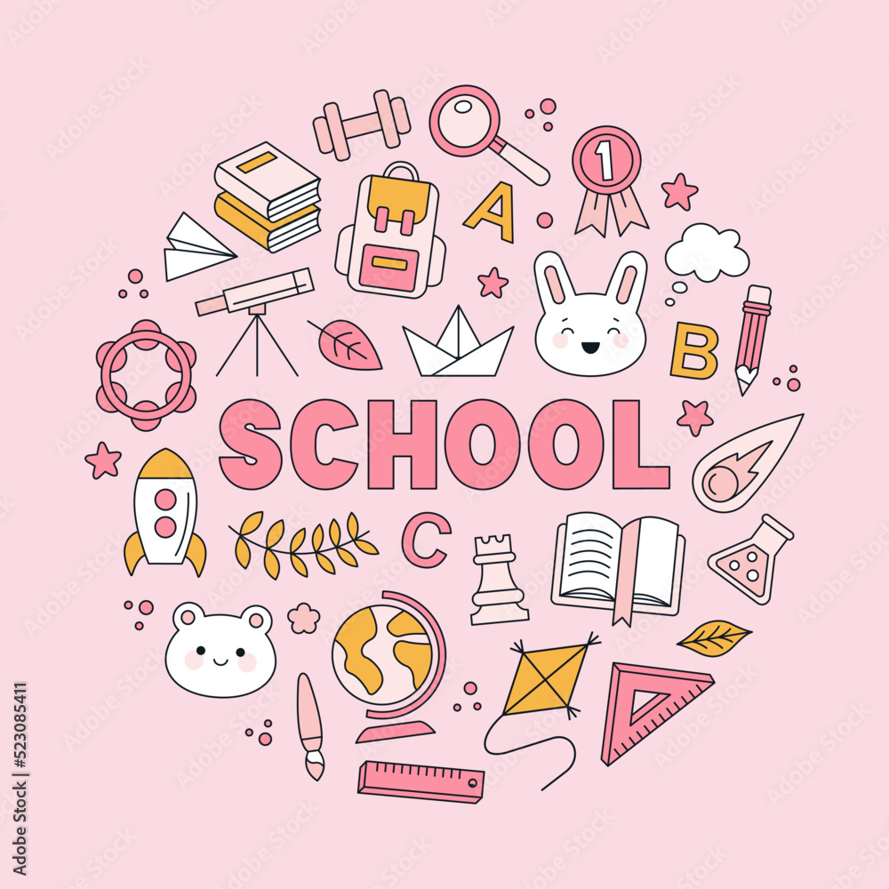 Round composition with symbols of school and education. School lettering in the center!
Equipment for different lessons - arts, music, science, sport etc.
Cute Kawaii style, vector illustration.