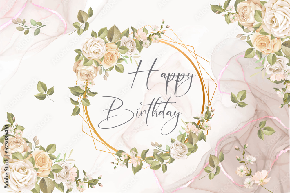 card or banner to wish a happy birthday in gray in a circle and gold diamonds with roses and leaves on a marbled pink, gray and white background with leaves and flowers