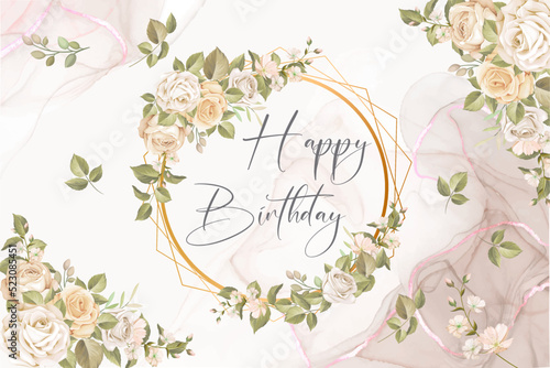 card or banner to wish a happy birthday in gray in a circle and gold diamonds with roses and leaves on a marbled pink, gray and white background with leaves and flowers