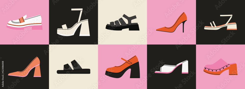 Big set with different shoes: sandals, clogs, high heels, loafers, mules, platform etc. Icon set. Stylish footwear. Fashion and lifestyle. Hand drawn vector illustration. Flat design.