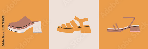 Set of posters with different shoes: sandals and clogs. Icon set. Stylish footwear. Fashion and lifestyle concept. Hand drawn vector illustration. Flat design.