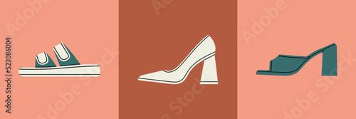 Set of posters with different shoes: high heeled shoes, sandals and mules. Icon set. Stylish footwear. Fashion and lifestyle concept. Hand drawn vector illustration. Flat design.