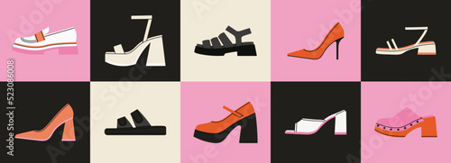 Big set with different shoes  sandals  clogs  high heels  loafers  mules  platform etc. Icon set. Stylish footwear. Fashion and lifestyle. Hand drawn vector illustration. Flat design.