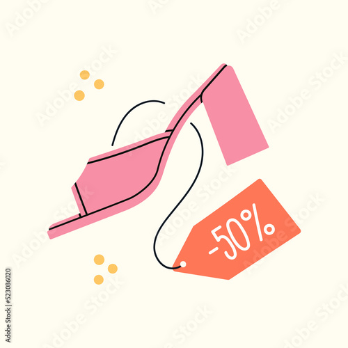 Sale banner with illustration of high heels, mule shoes. Advertising poster design for online store, blog, social media and promotions. Hand drawn vector illustration. Shopping and fashion concept.