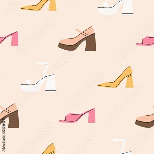 Seamless pattern with women's shoes, sandals and mules. Cute style, pastel colors. Fashion, parties and lifestyle concept. Hand drawn vector illustration. Print, fabric, wrapping paper etc.