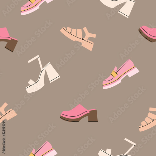 Seamless pattern with women's shoes, sandals and mules. Cute style, pastel colors. Fashion, parties and lifestyle concept. Hand drawn vector illustration. Print, fabric, wrapping paper etc.