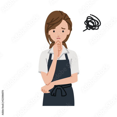 立って手をあごにあてて困っている店員の女性