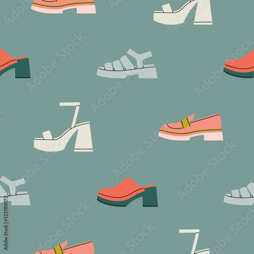 Seamless pattern with women's shoes, sandals and mules. Cute style, pastel colors. Fashion, parties and lifestyle concept. Hand drawn vector illustration. Print, fabric, wrapping paper etc.