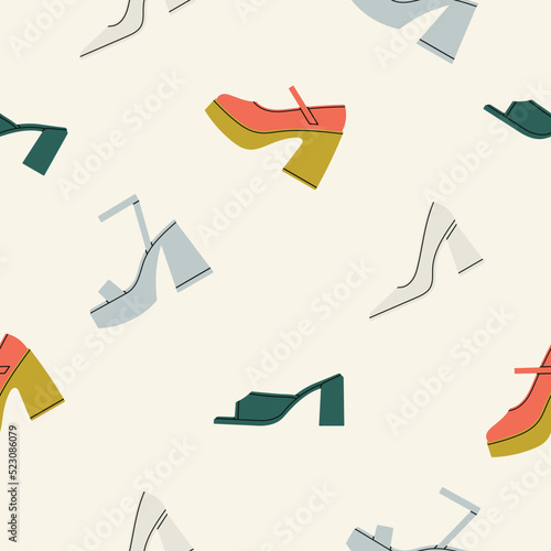 Seamless pattern with women's shoes, sandals and mules. Cute style, pastel colors. Fashion, parties and lifestyle concept. Hand drawn vector illustration. Print, fabric, wrapping paper etc.