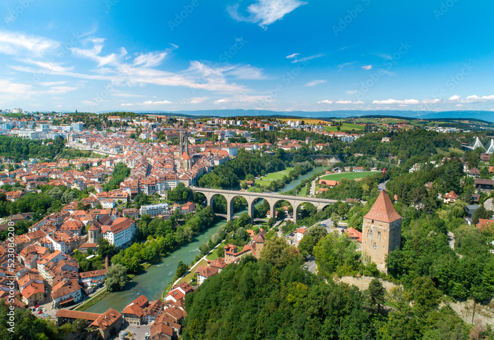 Aerial view of Fribourg City in switzerland on a beautiful sunny day