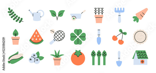 Set of icons with gardening symbols. Spring time. Cute style in trendy colors. Rural lifestyle and nature concept. Icons, highlights. Hand drawn vector illustration. For web and typographic design.