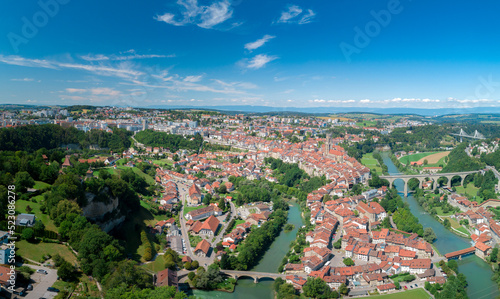 Aerial view of Fribourg City in switzerland on a beautiful sunny day