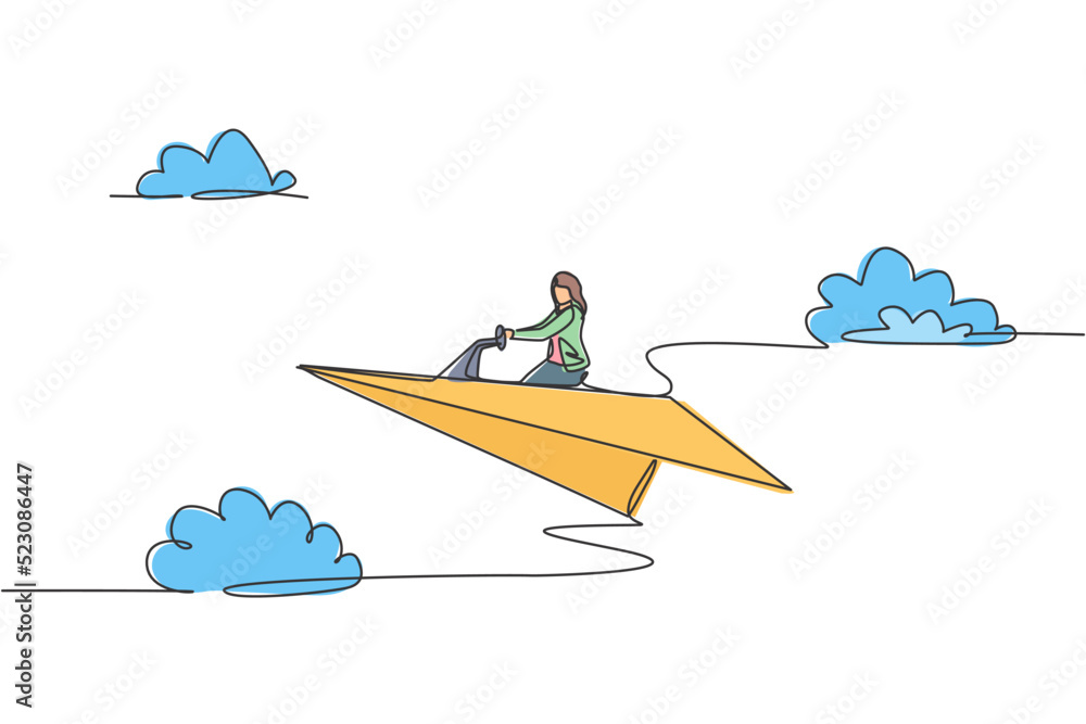 Single continuous line drawing young business woman ride paper plane to achieve business goal. Professional entrepreneur. Minimalism metaphor concept. One line draw graphic design vector illustration