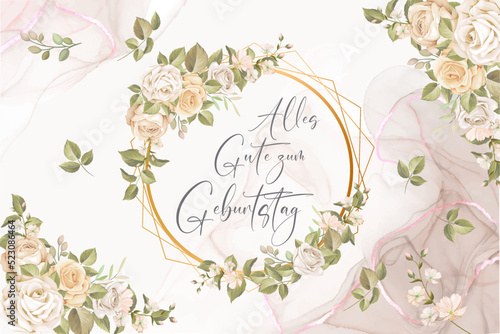Karte oder Banner, um alles Gute zum Geburtstag in Grau in einem Kreis und goldenen Diamanten mit Rosen und Blättern auf einem marmorierten rosa, grauen und weißen Hintergrund mit Blättern und Blumen 