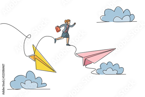 Continuous one line drawing of young female worker jumping from crash paper plane to the healthy one. Success manager. Metaphor minimalist concept. Single line draw design vector graphic illustration