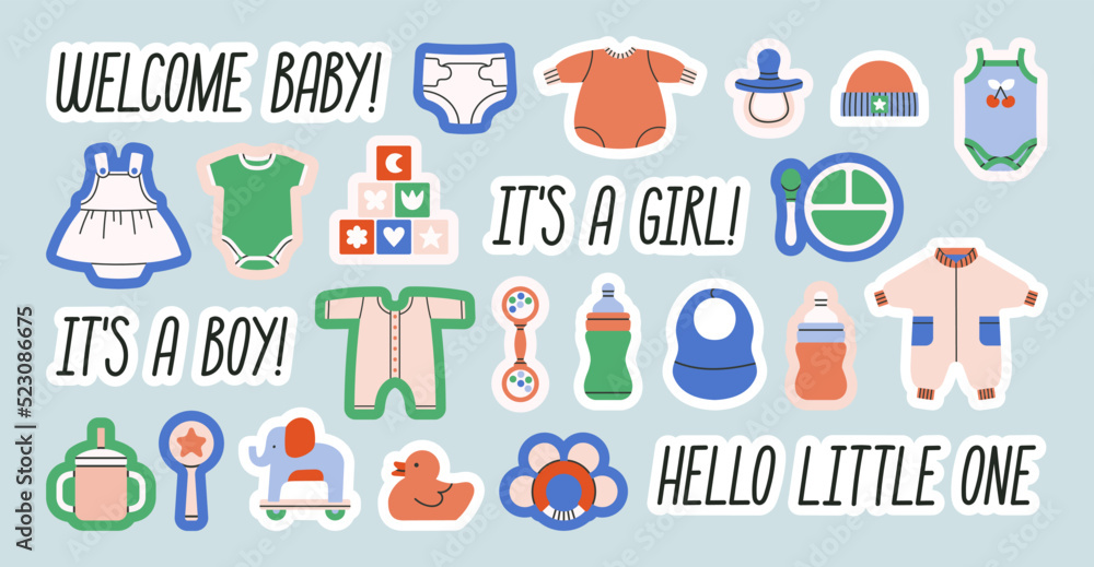 Big set of stickers with clothes, toys and products for newborn babies. Includes phrases and illustrations. Baby Shower or Birthday concept.
Cute vector illustrations isolated on blue background.