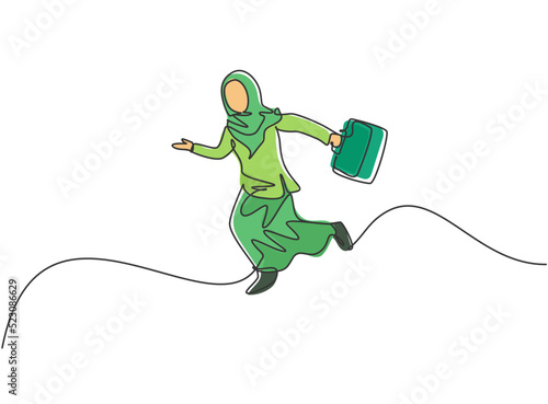 Single continuous line drawing young Arab business woman jumping high to the sky. Success business manager. Minimalism metaphor concept. Dynamic one line draw graphic design vector illustration