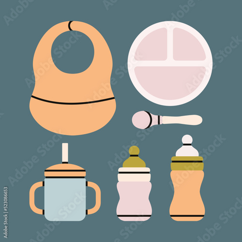 Illustrations set with tableware for babies. Bottles, bib, non-spill, dish, spoon. Mealtime, baby feeding.
Cute unisex design. Hand drawn vector illustration. Childhood, motherhood, baby store.