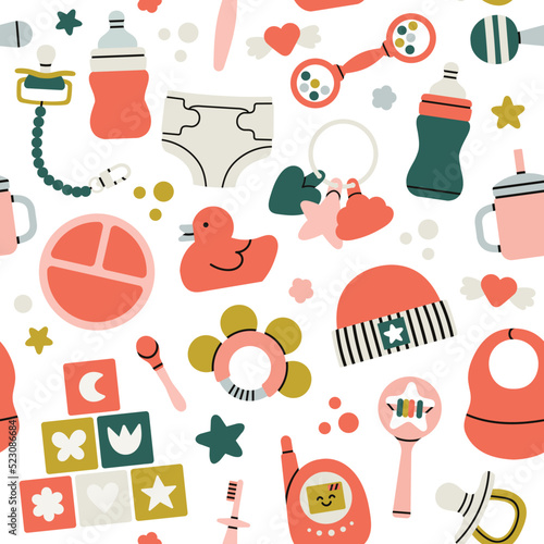 Seamless pattern with different products for newborn babies.
Toys, health care, feeding and development.
Cute design for boys and girls. Hand drawn vector illustration. Print, fabric, wrapping paper.