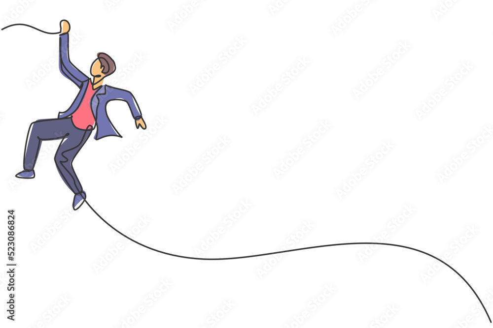 Continuous one line drawing young male worker swinging on the rope to reach up his goals. Business challenge of entrepreneur minimalist concept. Single line draw design vector graphic illustration