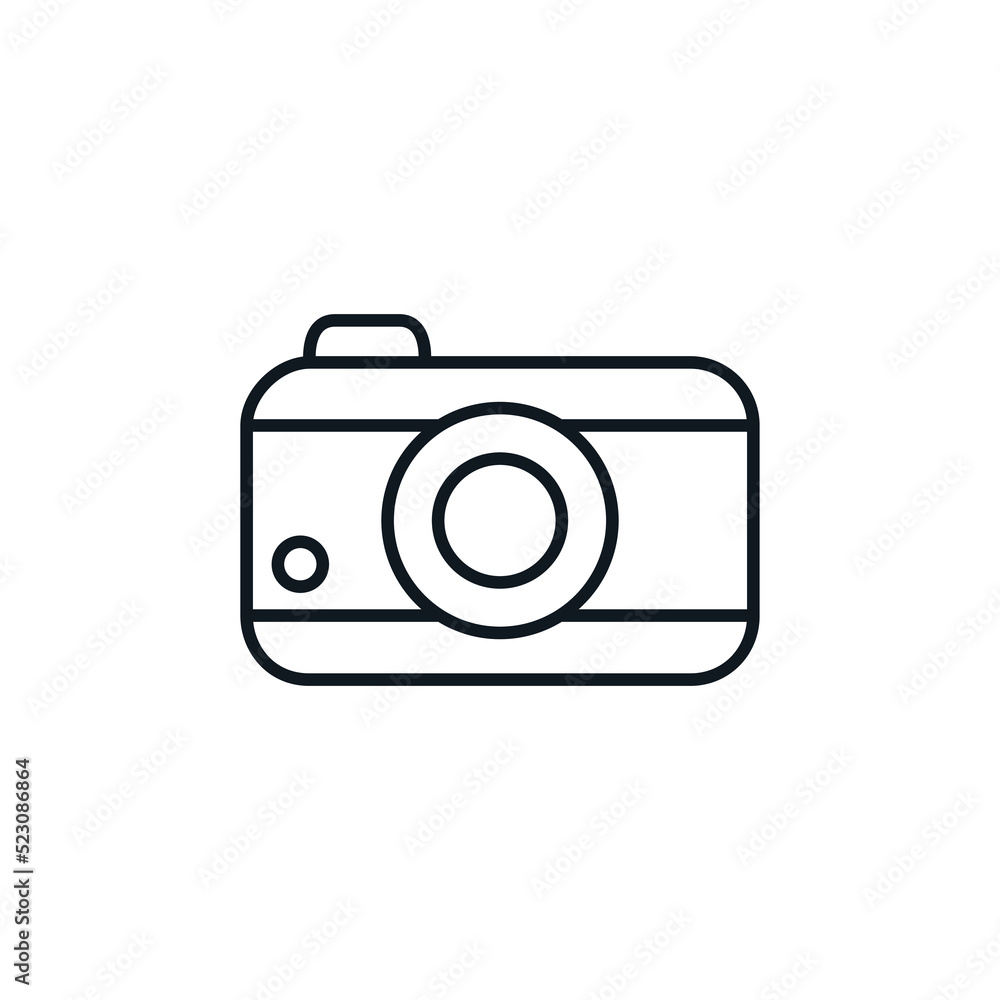 Camera icon. Electronics, photography symbol. Summer holidays and tourism concept. Can be used in social media, packaging, typographic and web design. Vector illustration isolated on white background. Camera icon. Electronics, photography symbol. Summer holidays and tourism concept. Can be used in social media, packaging, typographic and web design. Vector illustration isolated on white background.