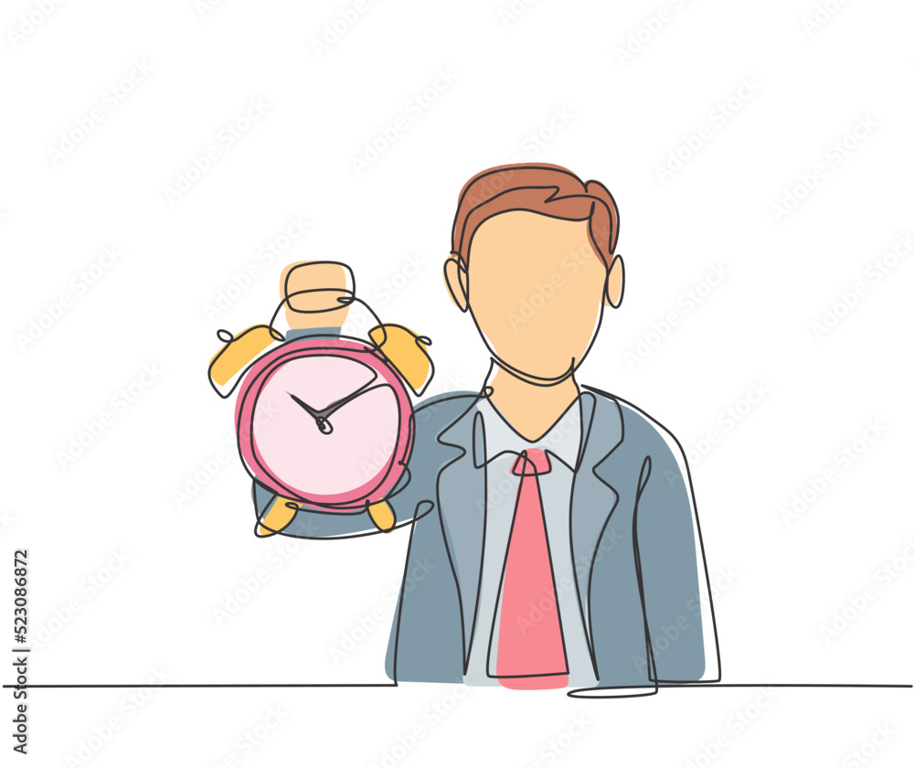 Continuous one line drawing young male worker holding analog alarm clock with his hand. Time management business minimalist concept. Single line draw design vector graphic illustration Continuous one line drawing young male worker holding analog alarm clock with his hand. Time management business minimalist concept. Single line draw design vector graphic illustration