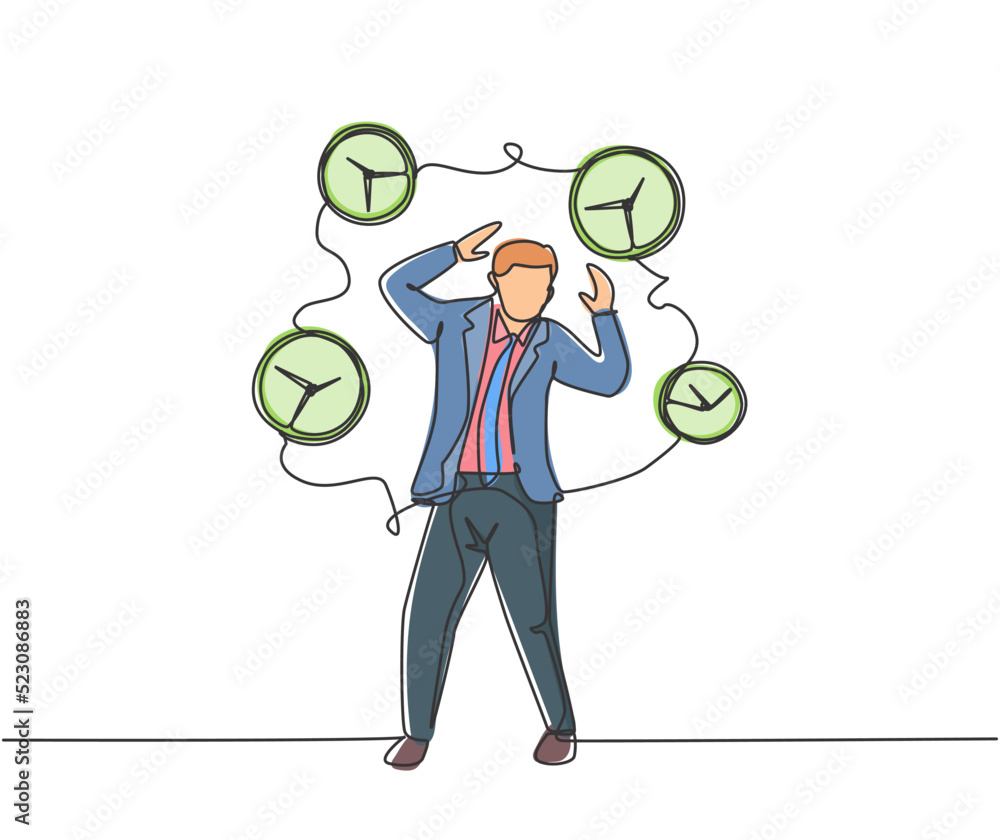Single continuous line drawing young stressful business man surrounded by flying analog clocks. Minimalism metaphor business deadline concept. Dynamic one line draw graphic design vector illustration Single continuous line drawing young stressful business man surrounded by flying analog clocks. Minimalism metaphor business deadline concept. Dynamic one line draw graphic design vector illustration