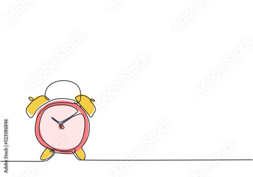 Single continuous line drawing of old retro alarm analog clock on the floor. Minimalism metaphor business deadline concept. Dynamic one line draw graphic design vector illustration