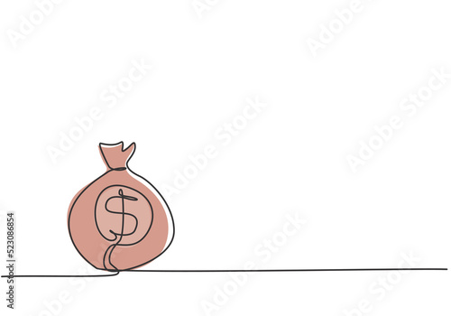 Single one line drawing of money bag on the floor with penny and paper money inside. Business wealth metaphor concept. Modern continuous line draw design graphic vector illustration