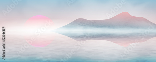 Watercolor art background with sunset or sunrise on the sea. Landscape banner for decor, print, wallpaper, interior design.