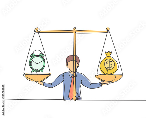 Single continuous line drawing young business man weight money bag and analog clock with scale. Minimalism metaphor business deadline concept. Dynamic one line draw graphic design vector illustration